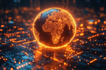 Poster - Glowing digital globe showcases Africa amidst technological connections in a futuristic landscape