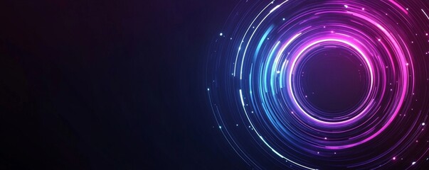 Poster - Dark abstract background with glowing circle lines. Geometric stripe line art design. Modern shiny purple blue gradient lines. Futuristic technology concept. Horizontal banner
