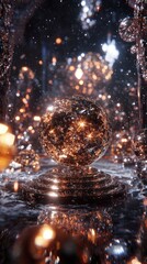 Poster - Captivating crystal sphere on pedestal reflecting golden light in a dark ambient background creating a magical and ethereal atmosphere with bokeh effect