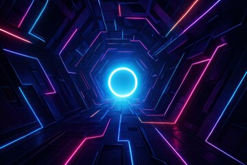 Poster - Futuristic corridor with neon lights and a glowing circular portal