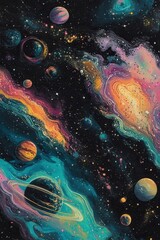 Poster - Colorful Cosmic Canvas Planets Nebula and Stars in a Vibrant Universe Painting a Celestial Symphony of Galactic Wonders
