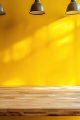 Poster - Bright Yellow Wall with Wooden Table and Hanging Lamps a Minimalist Interior Design for Product Mockups and Backdrops
