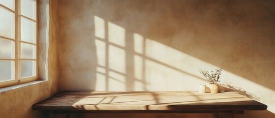 Poster - Rustic wooden table bathed in warm sunlight streaming through window casting shadows on textured wall