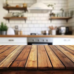 Poster - Rustic wooden table in a bright kitchen interior with modern appliances and decor showcasing a warm and inviting atmosphere perfect for culinary creations