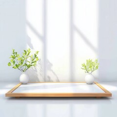 Poster - Serene Interior Scene with Green Plants in White Vases on a Wooden Platform Against a Bright White Wall with Shadow Patterns for Product Display