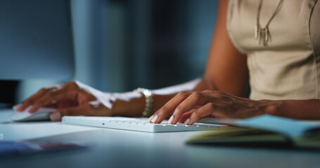 Aufkleber - Person, hands and typing with research at night for email or communication at office desk. Closeup, journalist or reporter working late on computer for article, news deadline or publish at workplace