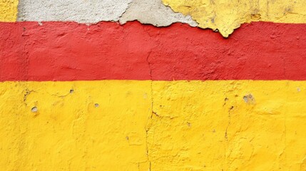 Poster - Vibrant weathered wall texture with bold red stripe and sunny yellow paint creating a striking contrast and aged charm for design