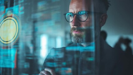 Poster - Strategic Visionary: A pensive businessman with glasses, intently studying a futuristic digital interface, embodies strategic thinking and technological innovation.