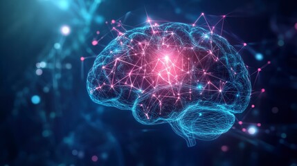 Poster - Abstract glowing human brain with interconnected nodes, representing neural network and intelligence.