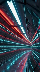 Poster - Futuristic tunnel with vibrant neon lights reflecting on metallic surface