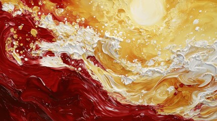 Poster - An abstract artwork displays bold waves of red and gold swirling together, with a brilliant sun radiating at the top. The fluid movement captures the essence of energy and warmth