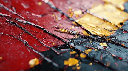 Poster - An abstract artwork featuring bold colors of red, black, and gold. The textures and layers create a dynamic visual impact, emphasizing the play of light on the surfaces