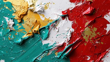 Poster - An energetic display of color through textured paint strokes creates a vivid composition. The blend includes shades of green, gold, red, and white, highlighting artistic creativity
