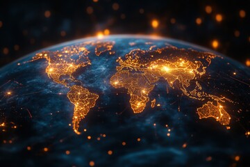 Poster - Digital representation of Earth illuminated by city lights showcasing population distribution over a dark background