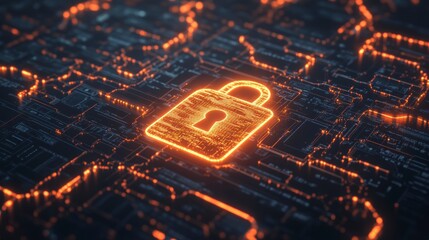 Poster - Glowing padlock icon on a circuit board, representing cybersecurity and data protection.
