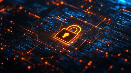 Poster - Glowing padlock icon on a digital circuit board, symbolizing cybersecurity and data protection.