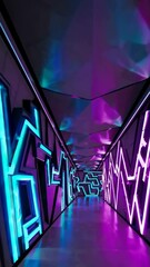 Poster - Futuristic neon corridor with dynamic geometric light patterns in motion