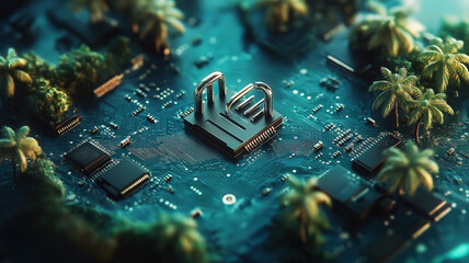 Poster - Cyber security concept with locks on a blue integrated circuit protecting private data and information