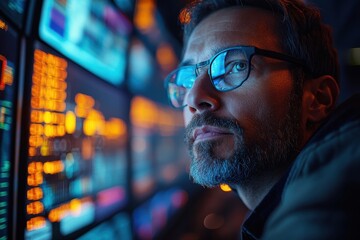 Poster - Man analyzing data on multiple screens in a dimly lit environment during evening hours
