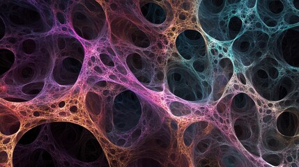 Poster - Abstract fractal art depicting a complex network of interconnected nodes and cavities in vibrant hues of pink, orange, and teal against a dark background.