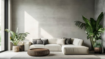 Poster - Modern minimalist living room with white sofa, large plants, and concrete wall.