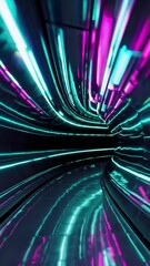 Poster - Futuristic neon tunnel journey with vibrant curved light trails and reflections