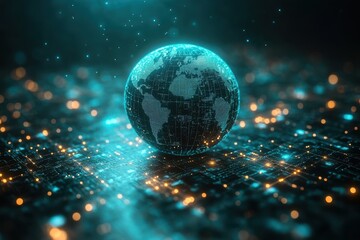 Poster - Futuristic digital globe surrounded by glowing data particles and connections in a dark setting