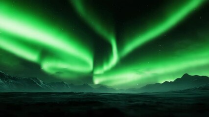 Poster - Green northern lights on a wasteland surrounded by mountains