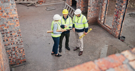 Aufkleber - Discussion, industry and construction team on site for building, maintenance or repairs. Meeting, planning and group of civil engineers with contractor for renovation or property development.