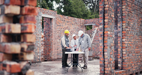 Poster - Construction site, team and planning for collaboration, brainstorming and idea for property development. Men, woman and contractor on worksite for project management, discussion and architect design