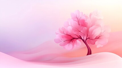 Poster - Pink blossoming tree stands elegantly on a gentle slope against a pastel background with subtle gradients.