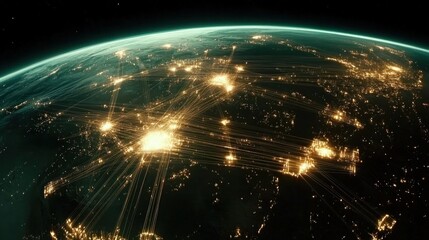 Poster - Global interconnectedness viewed from space, showcasing urban centers and communication networks.