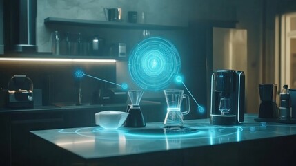 Poster - Futuristic kitchen showcasing smart coffee brewing technology.