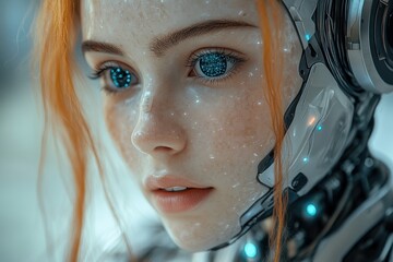 Poster - Robotic character with detailed features and vibrant blue eyes in a futuristic setting showcasing advanced technology