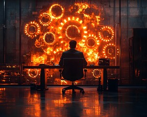Poster - businessman surrounded by glowing financial gears representing growth and investment