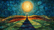 © wildan - Figure standing against a bright moon overlooking textured landscape under stylized swirling sky in shades of blue yell