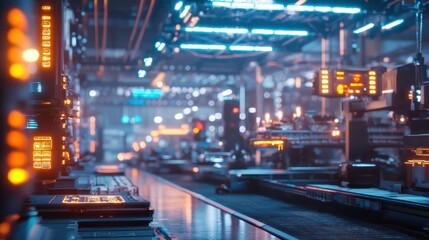 Poster - Workers in a futuristic manufacturing facility are surrounded by advanced machinery and glowing neon lights. The environment is bustling with technology and innovation as production processes unfold