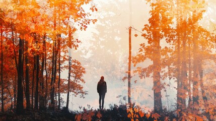 Wall Mural - a person stands still amidst a forest filled with orange and yellow foliage on a foggy day, capturin