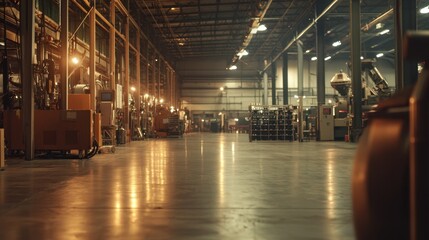 Poster - Long rows of machinery and equipment line the expansive floor of an industrial warehouse. Warm light illuminates the space, highlighting the large storage area during the evening