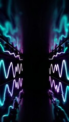 Poster - Vibrant neon waveforms reflecting in symmetrical dance within dark ambient tunnel