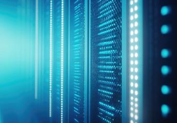 Aufkleber - Bright blue server panels with vertical LED light arrays in a clean data room, ideal for cloud technology, digital infrastructure, and futuristic IT designs