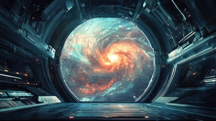 Poster - A mesmerizing galaxy swirls with vibrant colors, observed through a circular window of a high-tech spacecraft. The vastness of space surrounds the scene, evoking wonder