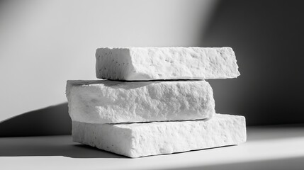 Poster - Stacked stone blocks sit in a simple arrangement, creating a minimalist architectural form against an illuminated background.