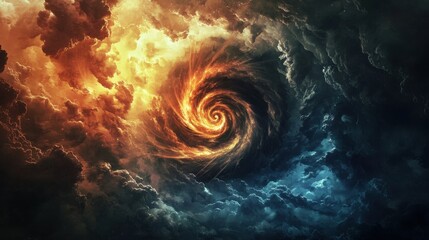 Poster - A captivating swirling vortex emerges from a mix of fiery orange and deep blue hues, evoking a sense of cosmic energy and mystery in a dramatic cloud formation