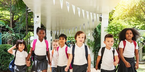 Poster - Back to school. Diverse students with backpacks, boys and girls. Group of students ready for school with backpacks. Back to school with students and backpacks. Back view of diverse students at school