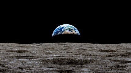 Wall Mural - The view captures Earth rising above the lunar horizon, highlighting the textures of the moon's surface and the vibrant colors of the planet in a clear, dark sky
