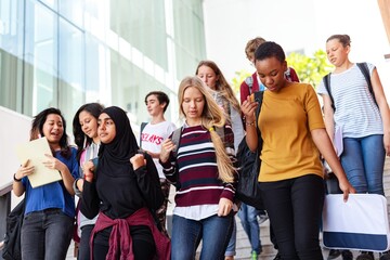 Fototapete - Diverse group of students walk down university stairs, carry books. Diverse university student at college stairs, walking to class, university student education. Diverse college student with books