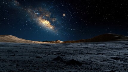 Wall Mural - A vast lunar landscape showcases a rugged surface illuminated by a distant starry sky. The Milky Way galaxy gracefully arches overhead, creating a breathtaking cosmic panorama
