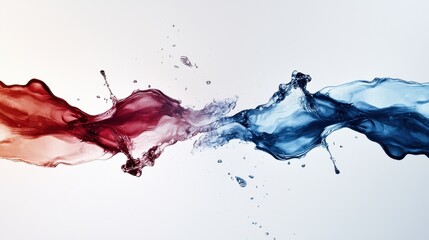 Poster - Vivid red and blue liquids intertwine in a striking display, creating dynamic splashes against a soft backdrop. The composition highlights the movement and interaction of colors