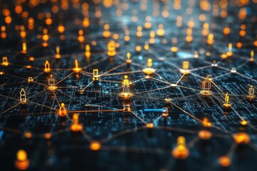 Poster - Network of glowing digital nodes representing connections in a modern technology landscape during nighttime